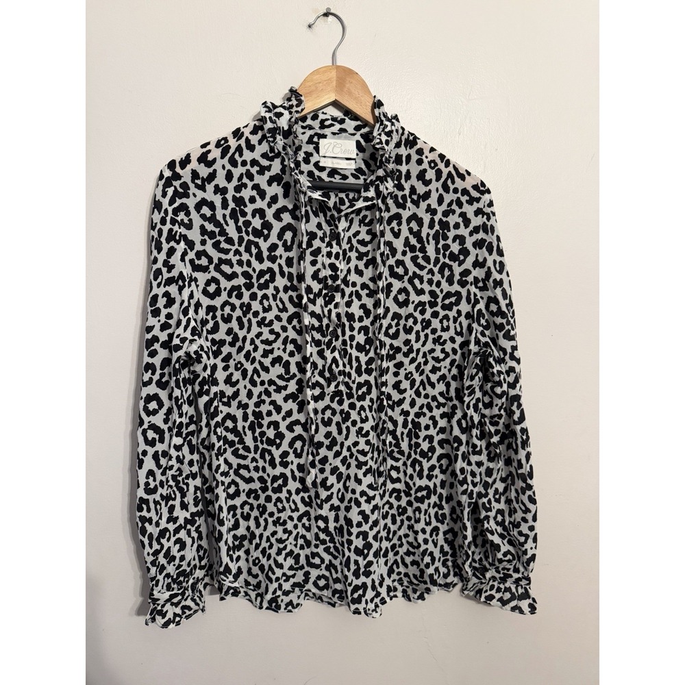 J.Crew Women's White Leopard Print Tie Neck Silk Popover Blouse Career Size 12
